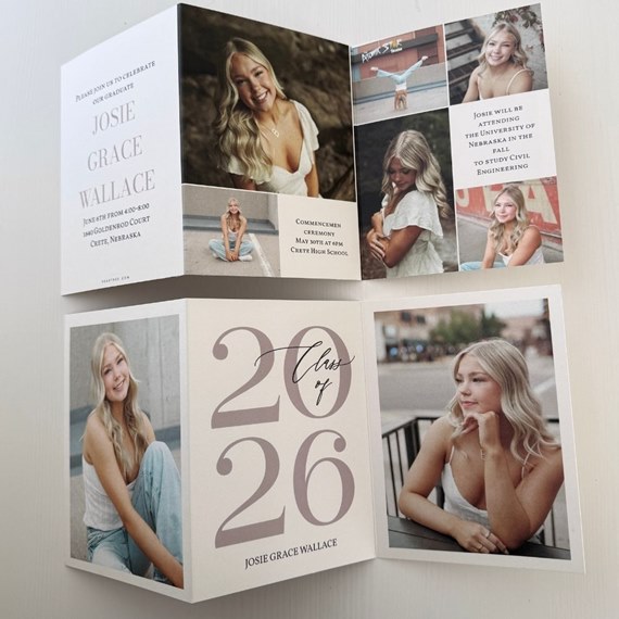 graduation announcement with photo placeholders and printed text